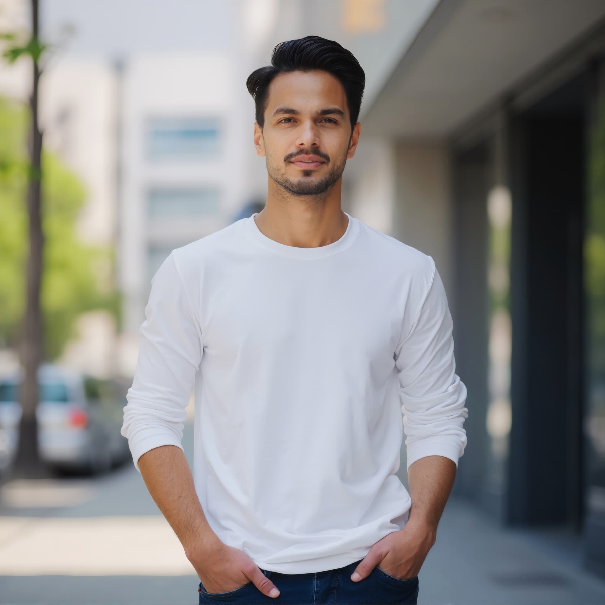 Long sleeve tee mockup a man stands with hands in pockets on a sidewalk