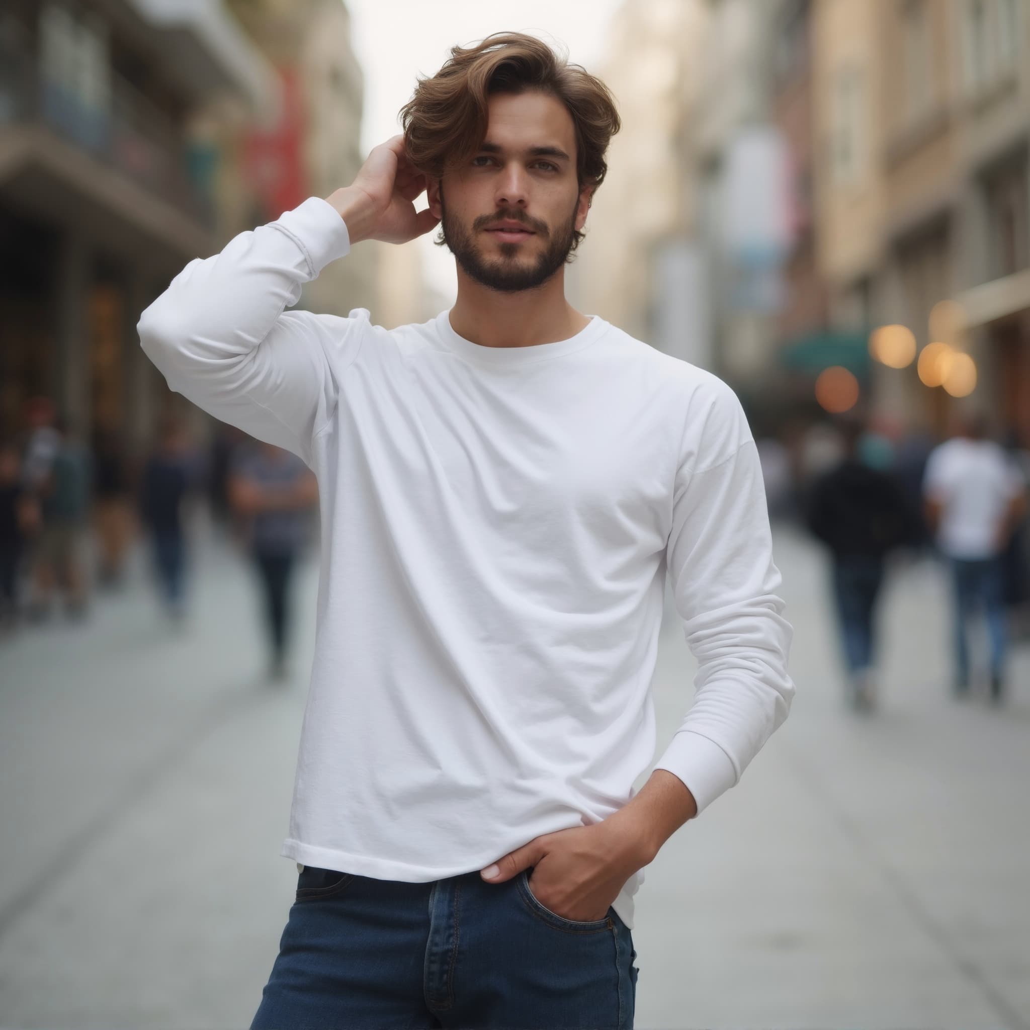 Long sleeve tee mockup a man poses with one hand behind his head wavy hair city street