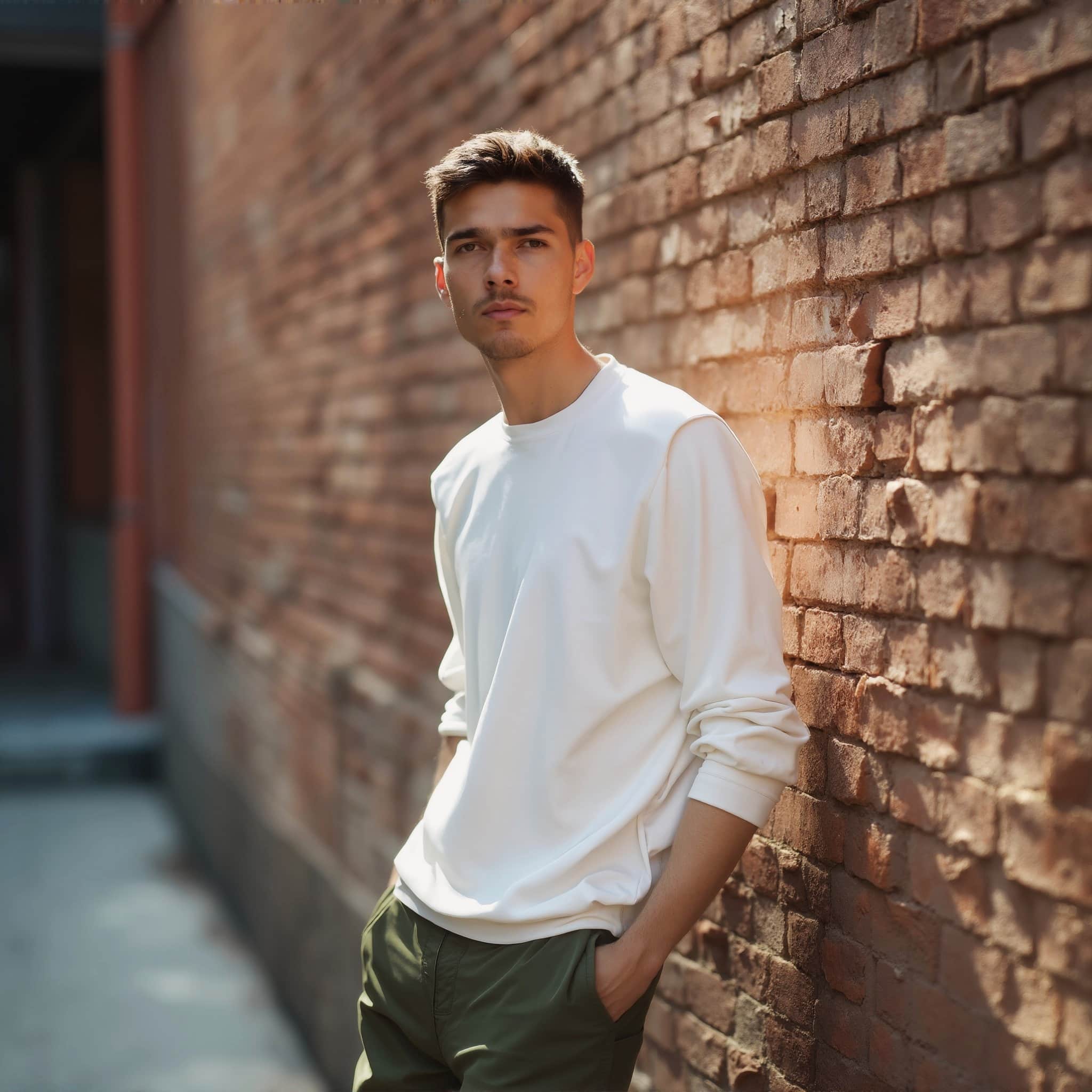 Long sleeve tee mockup a man stands with hands in pockets on a street 06