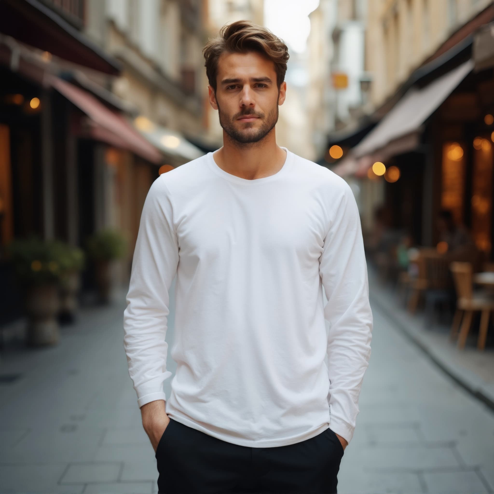 Long sleeve tee mockup a man stands with hands in pockets on a street 1 01