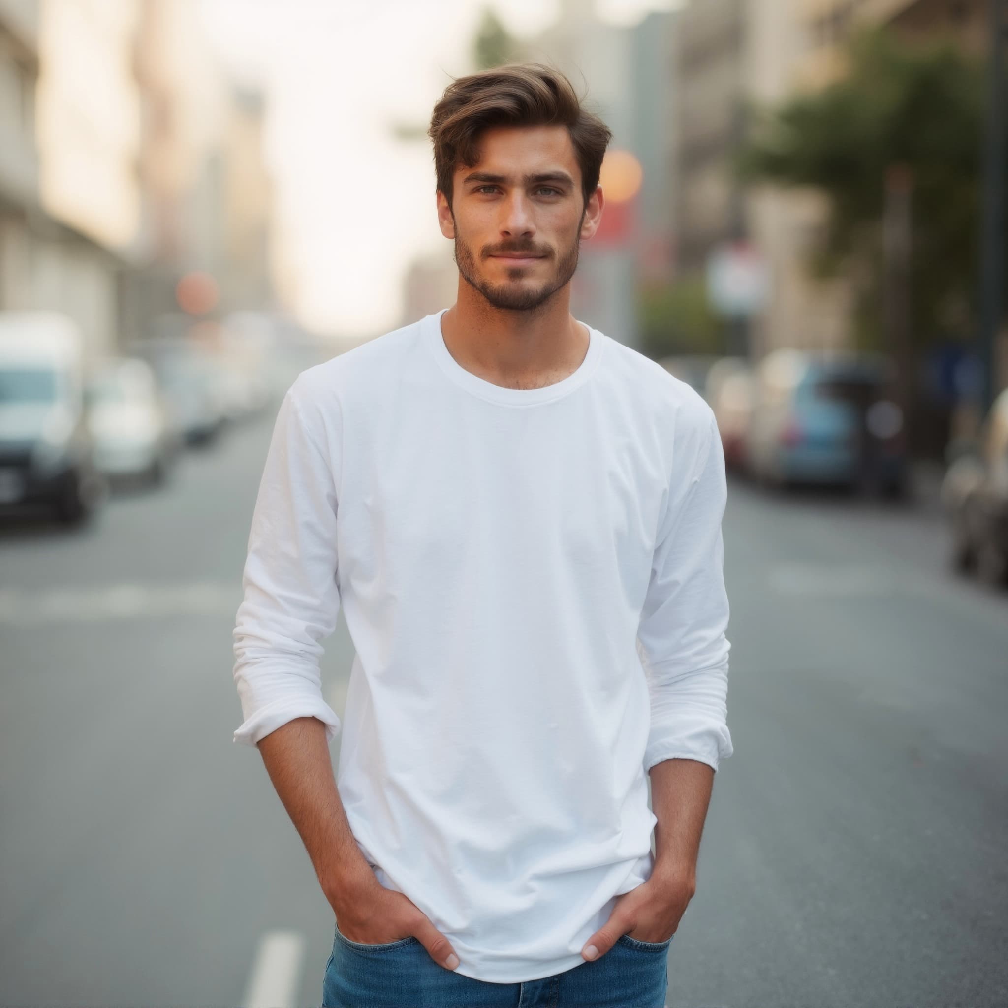 Long sleeve tee mockup a man stands with hands in pockets on a street 1