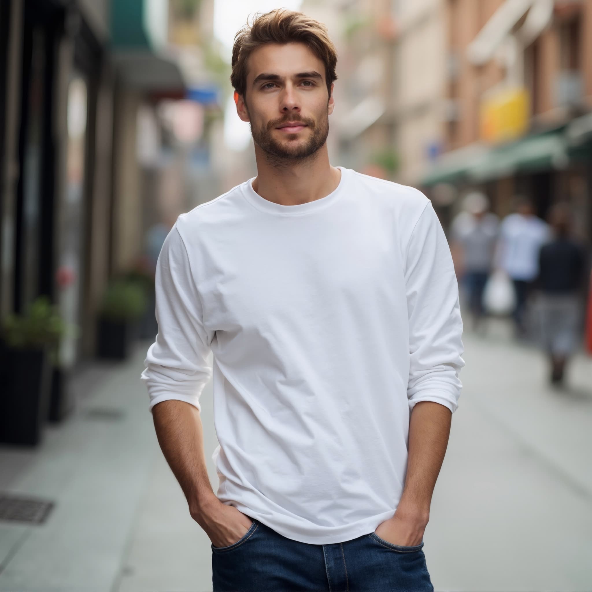 Long sleeve tee mockup a man stands with hands in pockets on a street 2