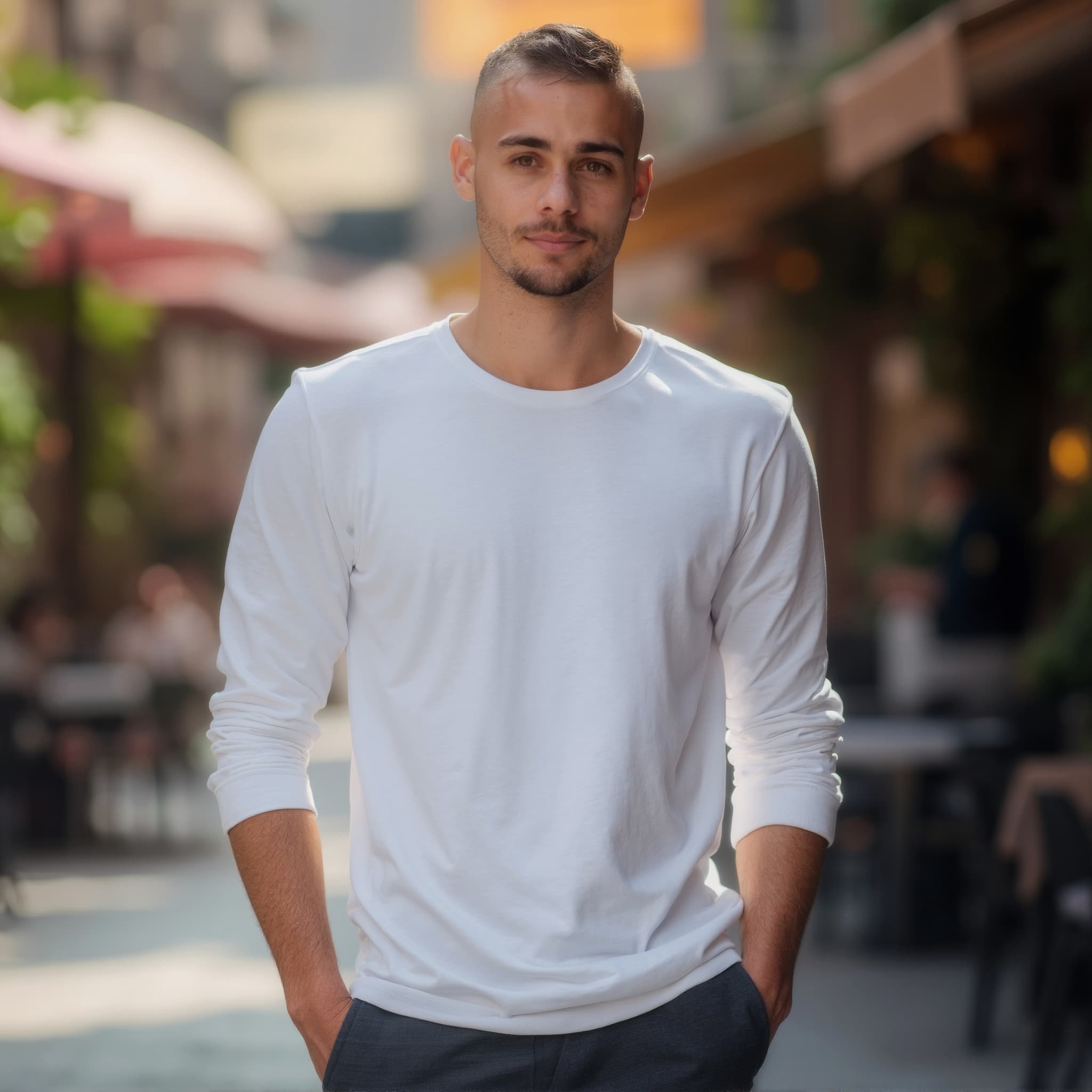 Long sleeve tee mockup a man stands with hands in pockets on a street 3