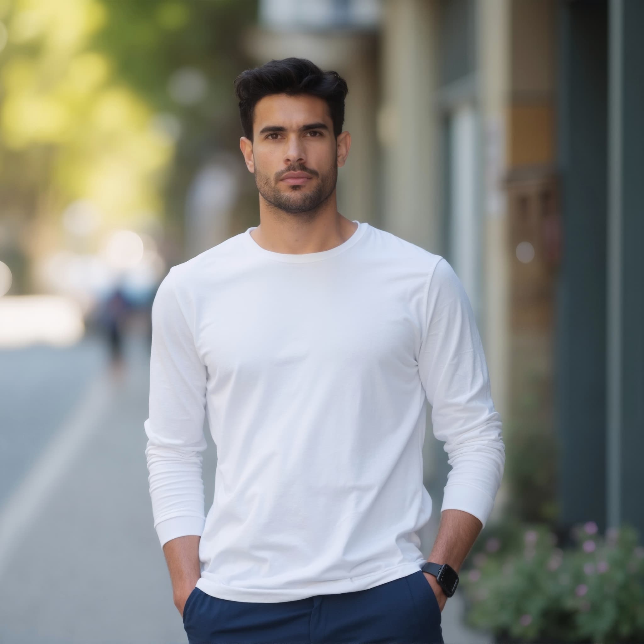 Long sleeve tee mockup a man stands with hands in pockets on a street 4